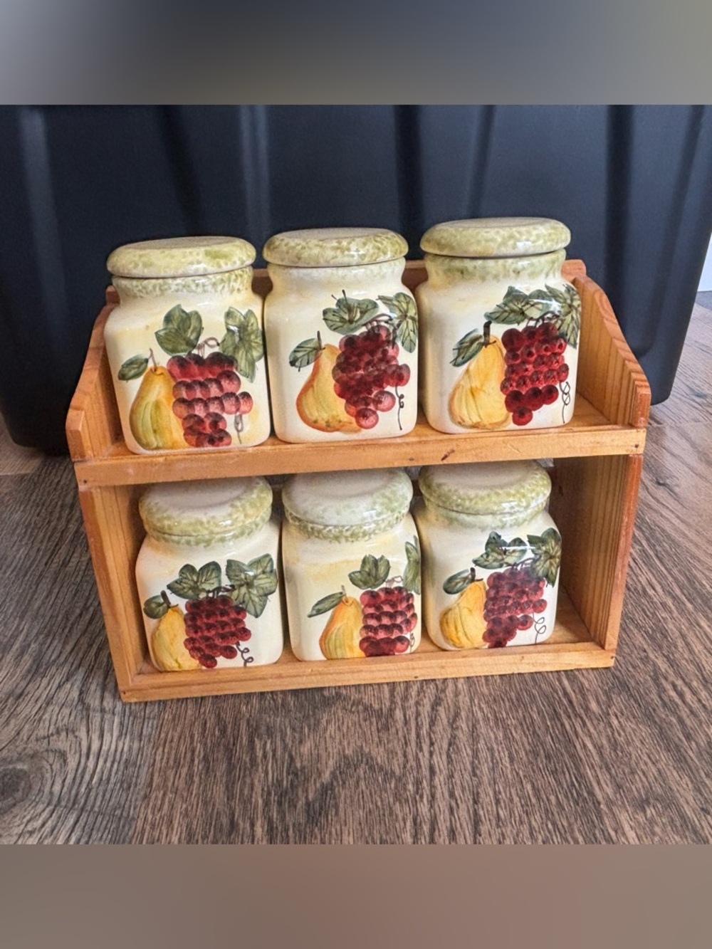 Ceramic‎ Fruit Canister Set with Wooden Rack - Cream and Green